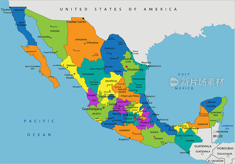 多彩的墨西哥政治地图。矢量插图。