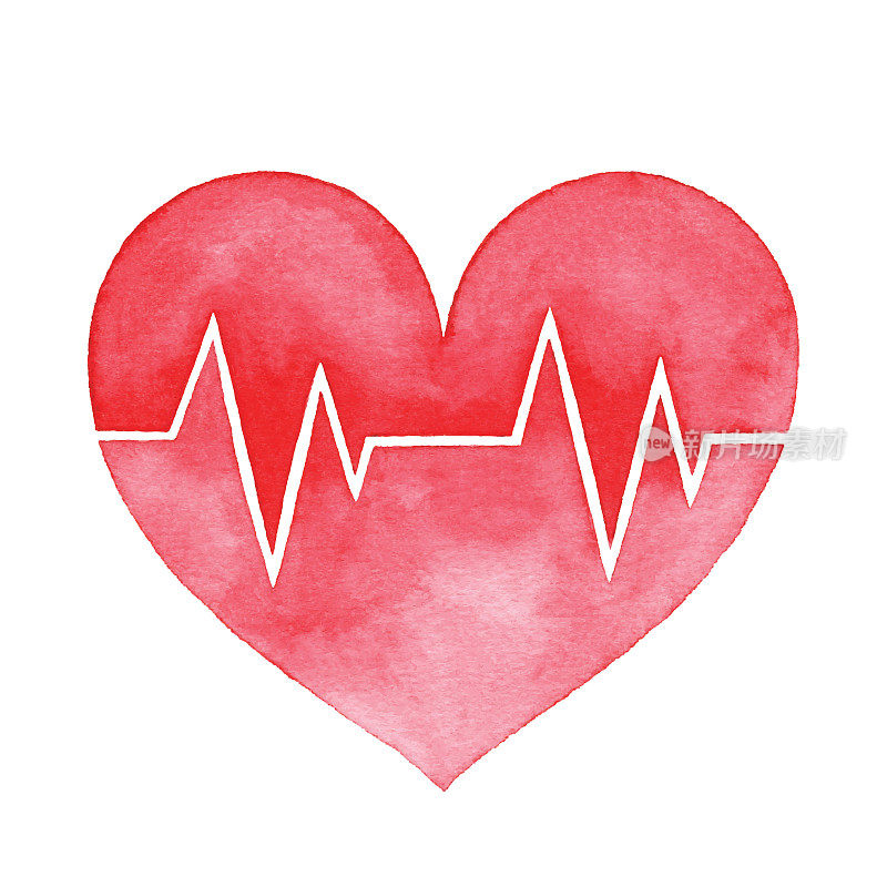 水彩红心脏和心脏脉搏