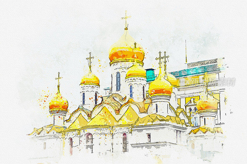 俄罗斯莫斯科大教堂广场上的报喜大教堂的水彩画。