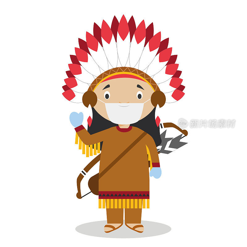 来自美国的人物穿着美国印第安人的传统方式，戴着外科口罩和乳胶手套，以防止健康紧急情况