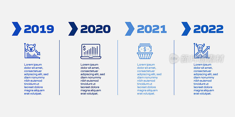 投资相关流程信息图模板。过程时间图。使用线性图标的工作流布局