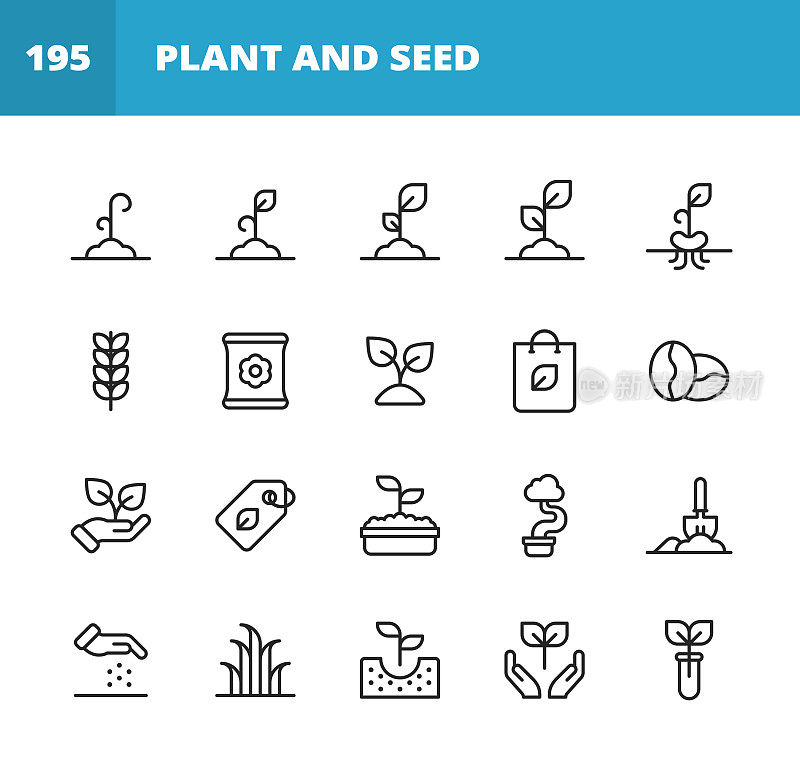 植物和种子线图标。可编辑的中风。像素完美。移动和网络。包含植物，种子，叶子，树，生态，环境，农业，种植，生长，浇水，循环，肥料，土壤，花，园艺，花盆等图标。