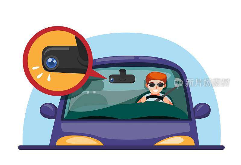 汽车Dashcam。人驾驶汽车用后视镜DVR摄像技术符号概念在卡通插图矢量