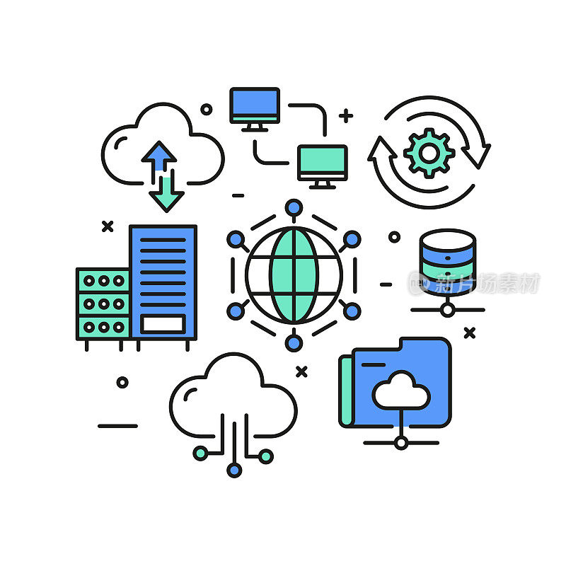 网络技术概念，现代线条艺术图标背景。线性风格矢量插图。