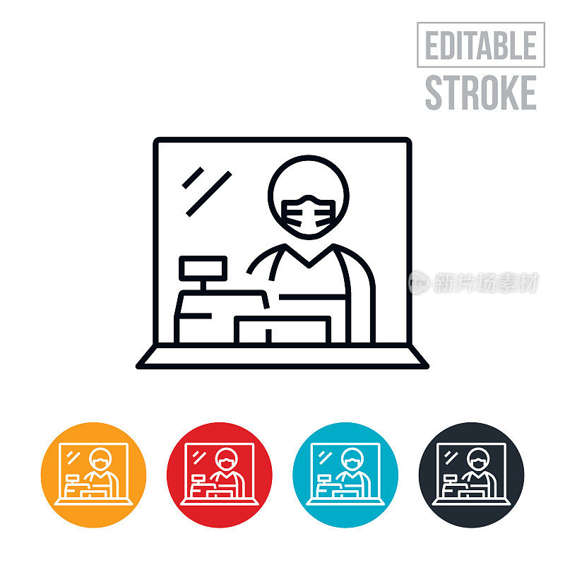 收银员戴口罩后打喷嚏保护细线图标-可编辑的中风