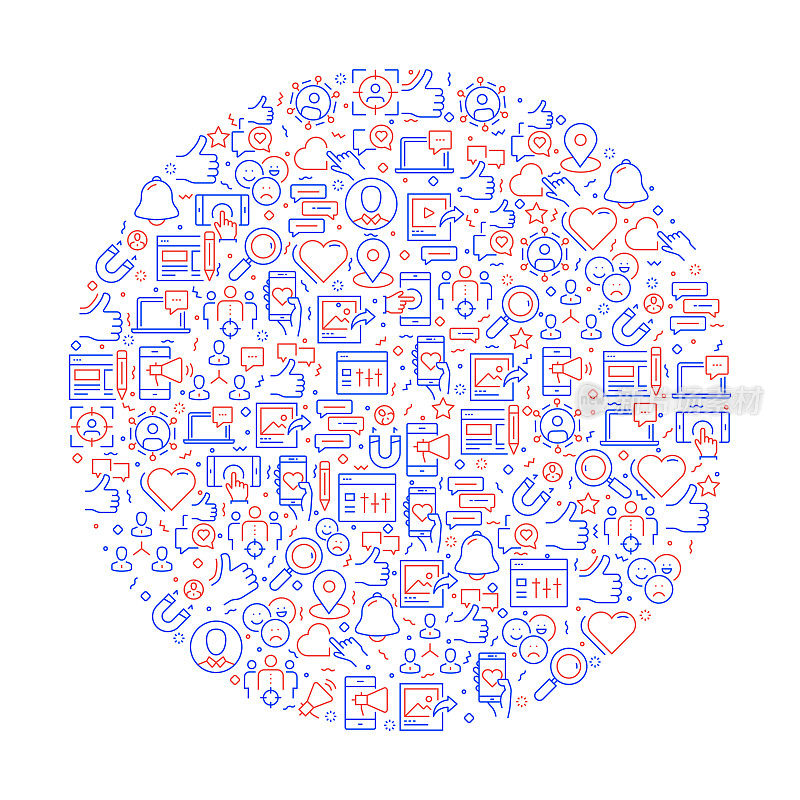 与图标相关的社交媒体模式。现代线条风格矢量插图