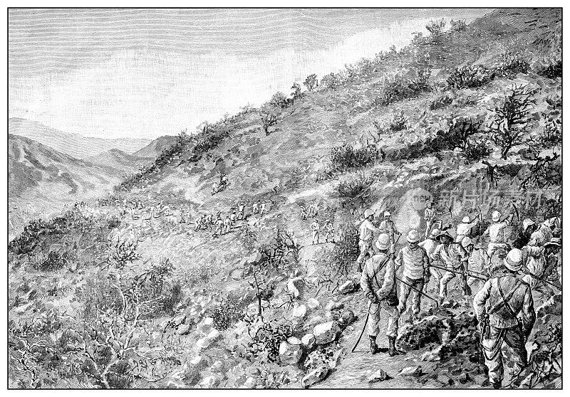 第一次意大利-埃塞俄比亚战争(1895-1896)的古董插图:士兵们正在修建一条道路