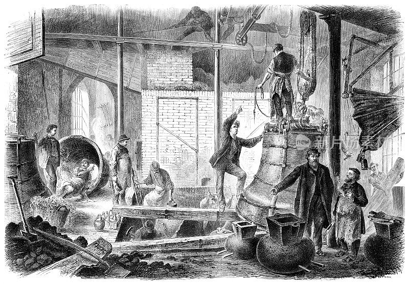 1869年，人们在德国莱比锡贝尔铸造厂工作