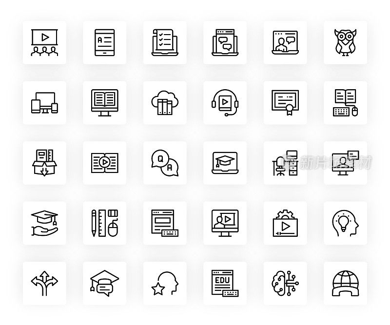电子学习，在线教育和远程教育相关的线图标。向量符号说明。