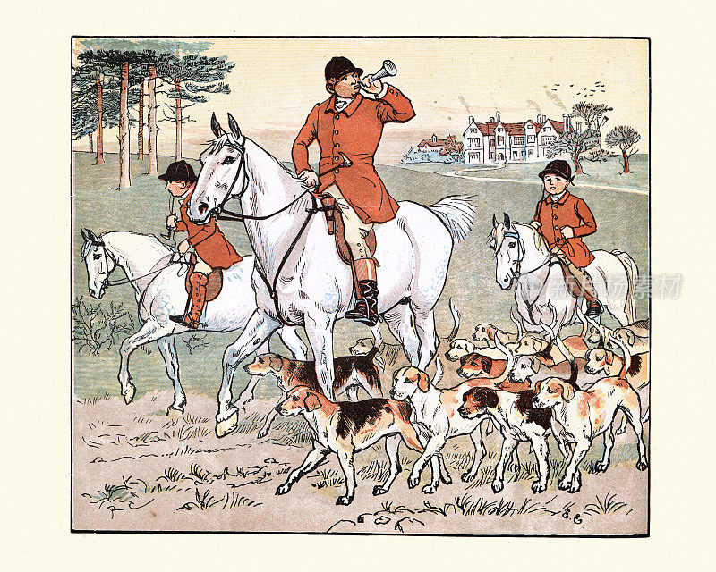 十九世纪，维多利亚时代的父亲和儿子们一起去猎狐