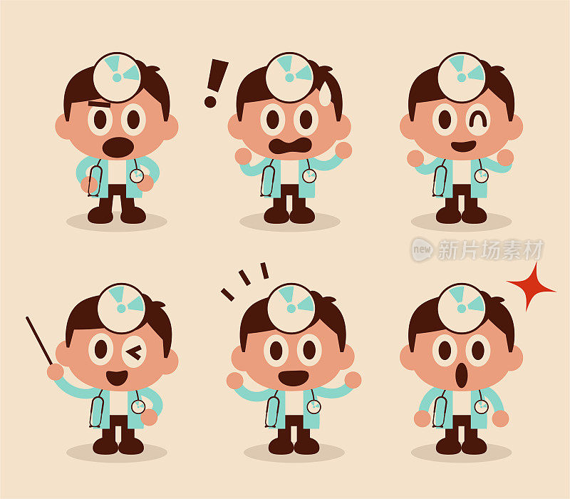一组可爱的医生角色，大头小身，凹面镜，听诊器，6个面部表情