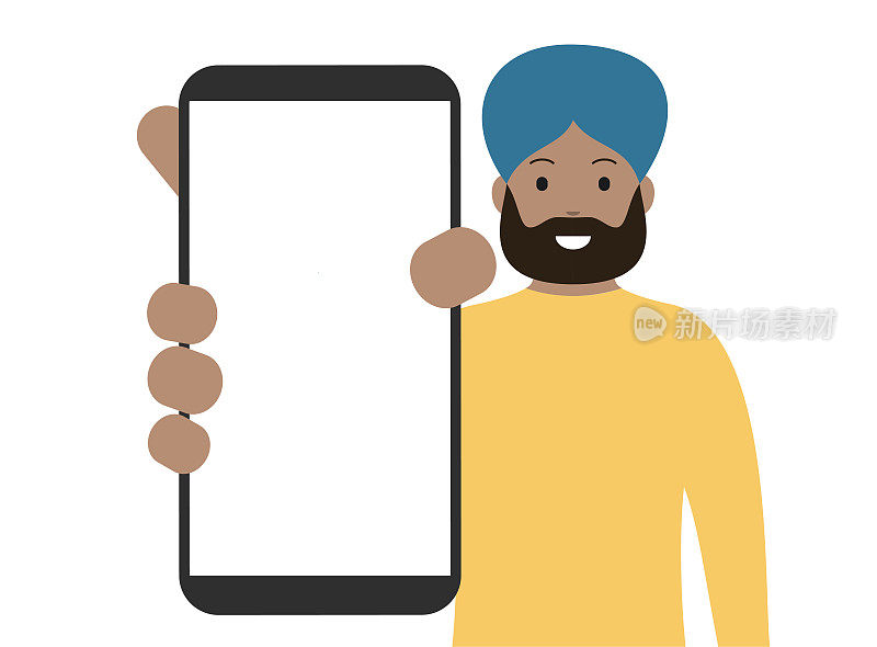 男子展示一个空白的智能手机屏幕。卡通矢量股票插图