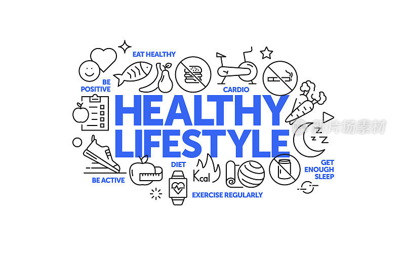 节食，健康营养和健康生活方式相关的网站横幅线风格。现代线性设计矢量插图的网站横幅，网站标题等。
