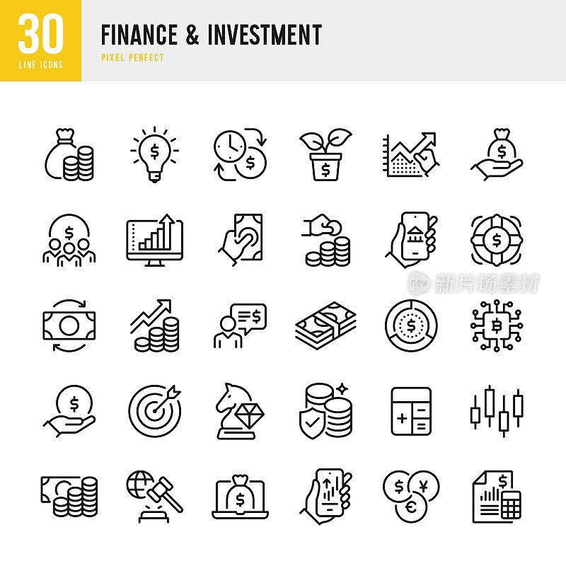 金融和投资-细线矢量图标设置。像素完美。该集合包含图标:投资，股票市场，财务顾问，纸币，财务报告，移动银行，财富。