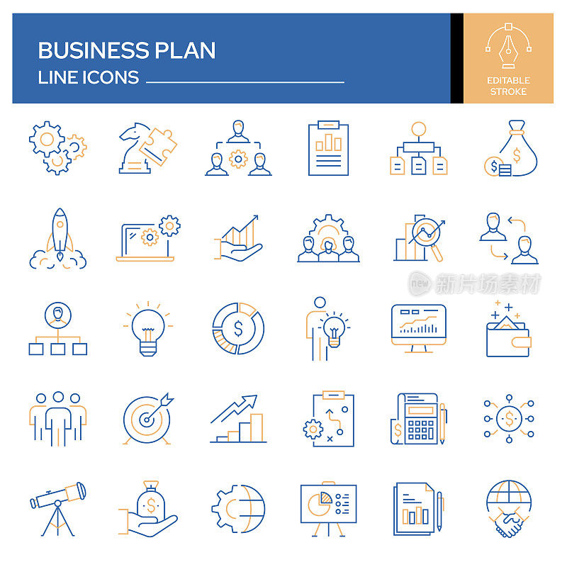 一套商业计划相关的线图标。轮廓符号集合，可编辑的描边
