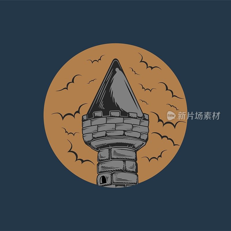 恐怖堡垒塔与满月背景t恤设计矢量插图