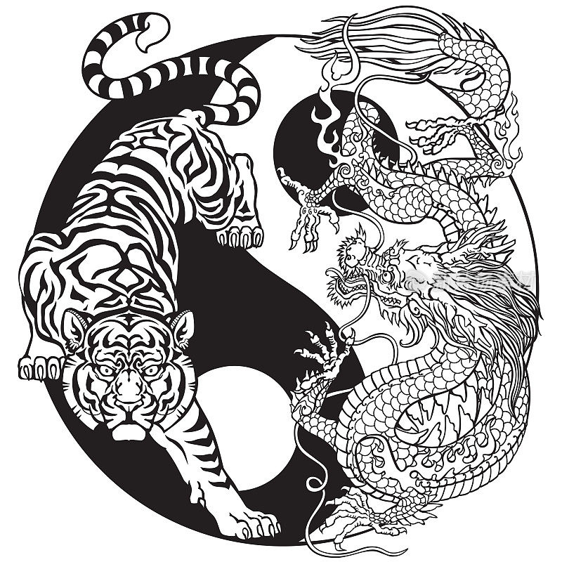 虎与中国龙的阴阳符号。黑色和白色