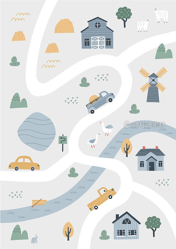 可爱的村庄地图，有房子和动物。手绘矢量插图的一个农场。城市地图的创造者