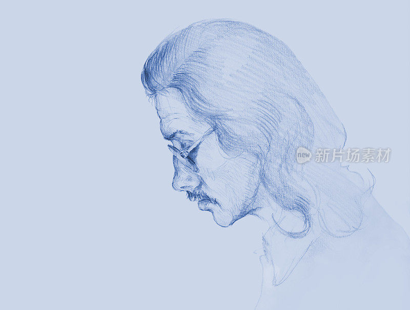 插图铅笔画肖像的男人在侧面与长黑发和胡子戴眼镜在白色背景