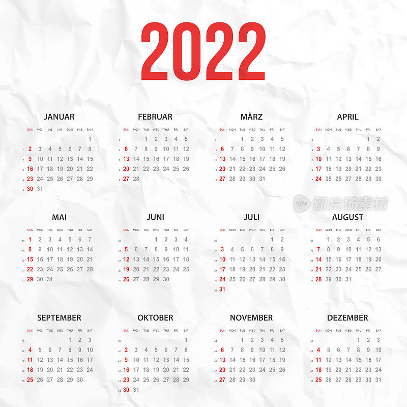 德国2022年日历，白色皱巴巴的背景