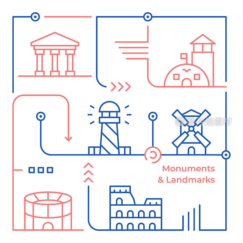 地标和纪念碑矢量线插图的信息图形设计模板