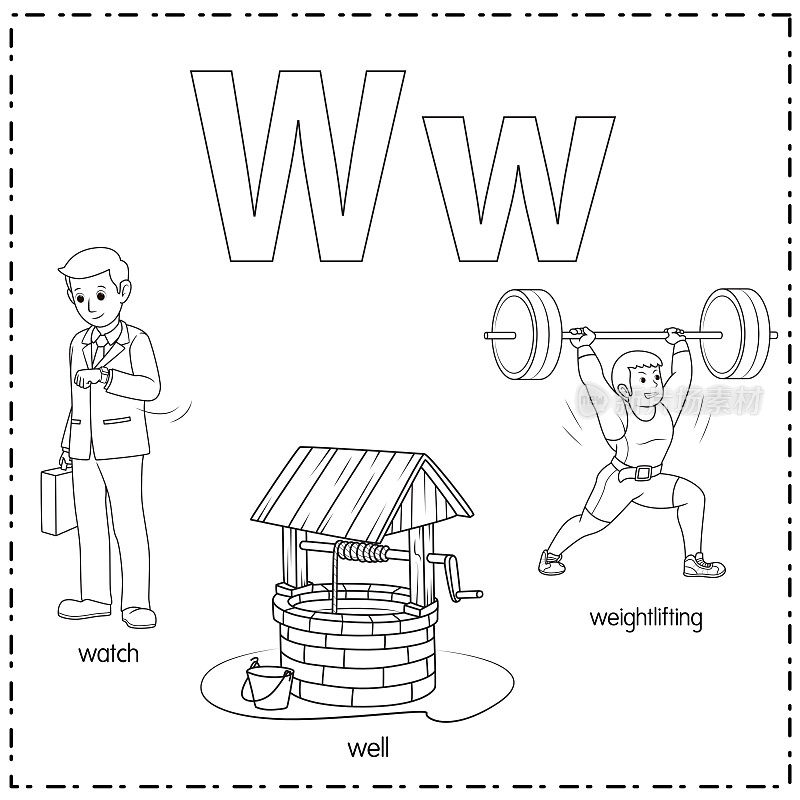 向量插图学习字母W的小写和大写的儿童与3卡通图像。看举重。