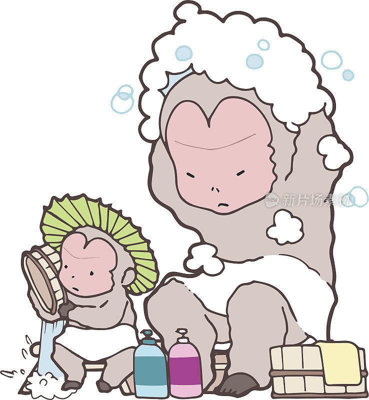 一位日本的猴子父母和他的孩子在日本的公共浴池里洗澡。