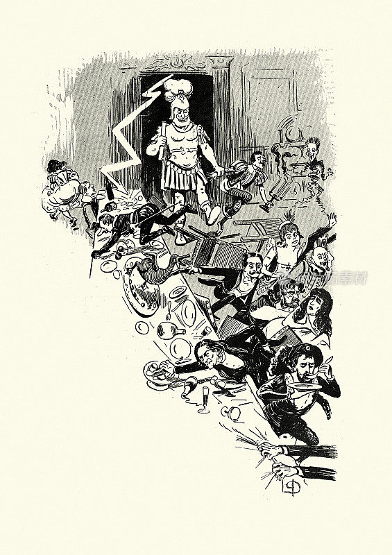 经典法国漫画，晚宴上的混乱和恐慌，1890年代，19世纪