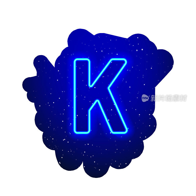 LED蓝光霓虹灯字体。现实的霓虹灯爆炸。字母K星星间的夜景。