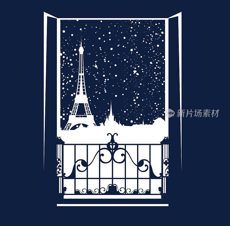 窗外的巴黎夜景与落雪-开放的阳台门和冬季城市景观矢量设计