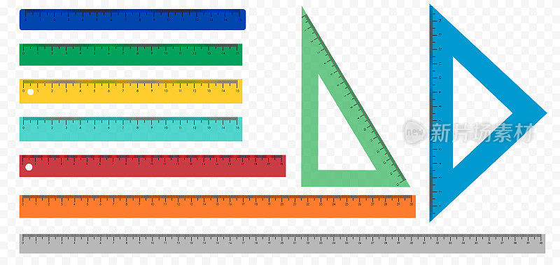 一套透明和各种颜色的尺在白色的背景。矢量塑料和金属直尺和三角形在平面风格。