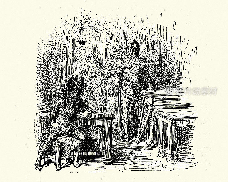古斯塔夫・多雷画的《奥兰多・富里奥索》中，中世纪骑士在酒馆里聊天、饮酒