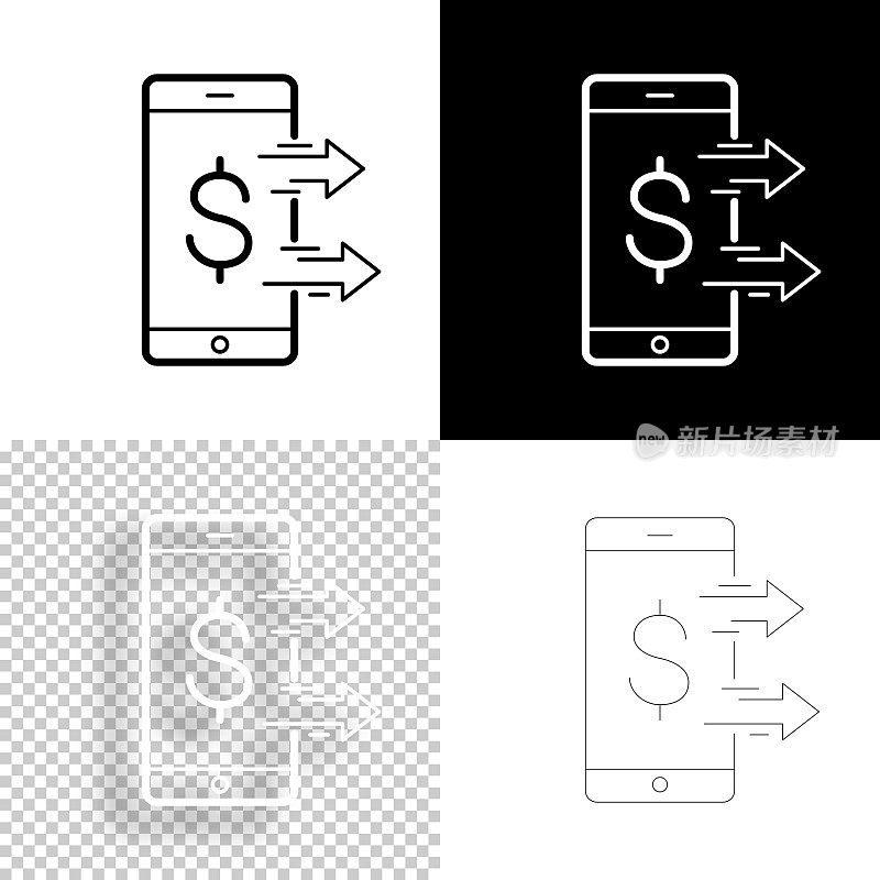 用智能手机发送美元。图标设计。空白，白色和黑色背景-线图标