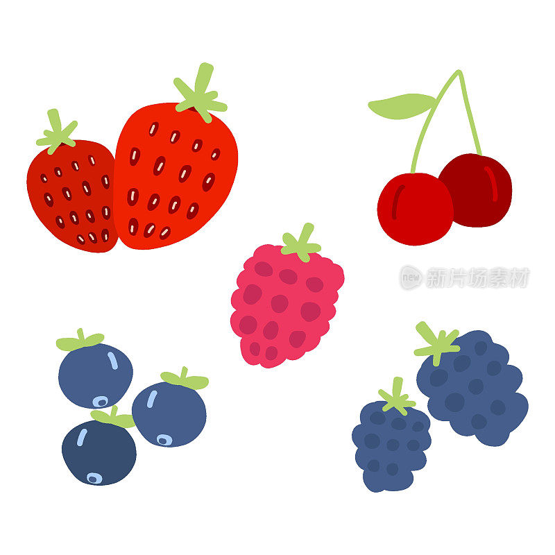 一套夏季浆果。卡通草莓，黑莓，树莓，蓝莓，樱桃。手绘矢量插图。幼儿幼儿园设计元素