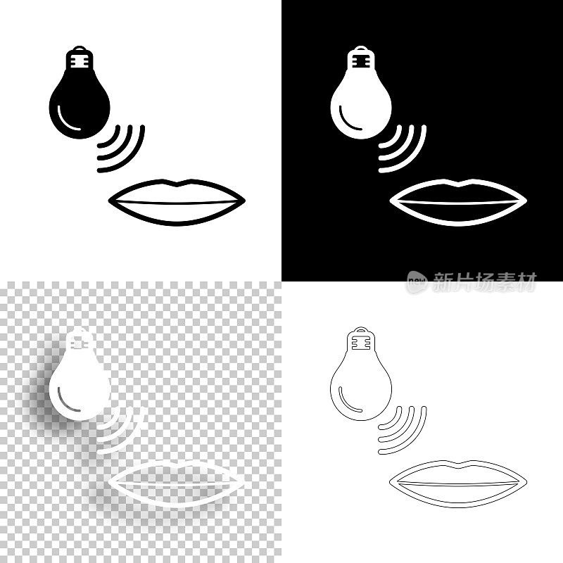 带有语音控制的智能灯泡。图标设计。空白,白色和黑色背景-线图标