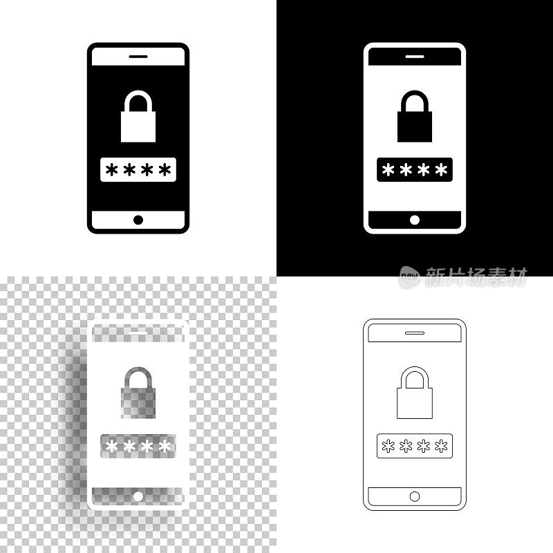 智能手机与密码。图标设计。空白，白色和黑色背景-线图标