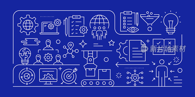 产品管理相关的矢量横幅设计概念，现代线条风格与图标