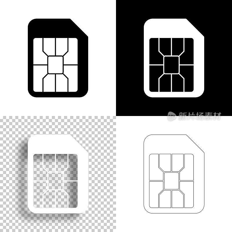 微SIM卡。图标设计。空白，白色和黑色背景-线图标