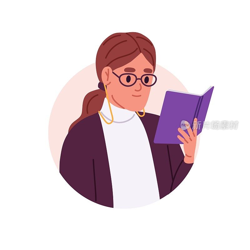 女老师看书，头像。女学生戴眼镜的脸，用户简介。聪明的律师，眼镜专家。读者在循环。平面矢量插图孤立在白色背景上