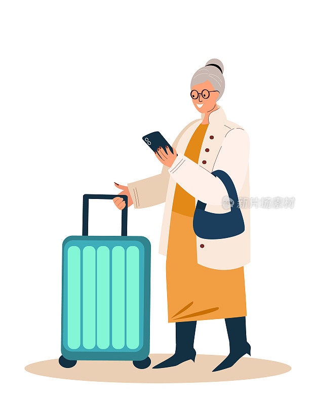 老年养老金奶奶与行李箱。退休高级旅游人物到机场登记，老年人出国旅游。平面矢量插图孤立在白色背景上