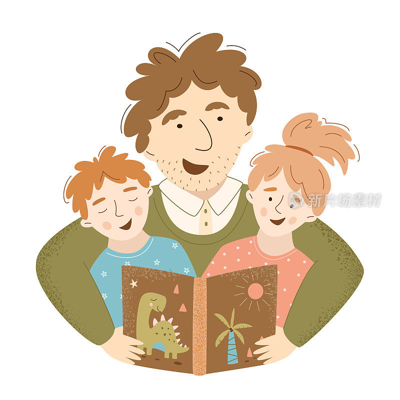 父亲在睡觉前给孩子们读一本书。晚上家人阅读。父亲节的概念