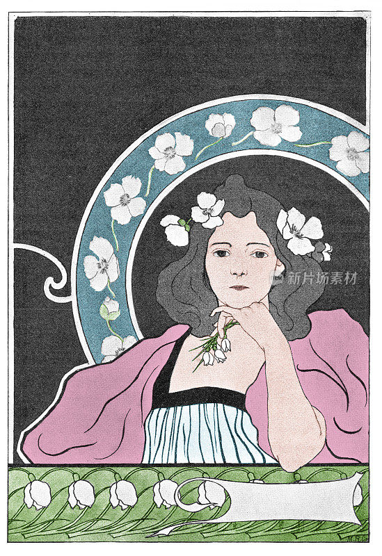 年轻女子的肖像与白花在头发新艺术插图1898年