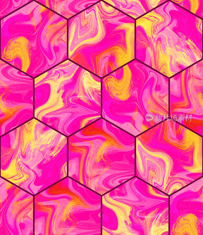 水彩粉红色和金色彩色六边形无缝图案。抽象背景，设计元素。向量瓷砖，蜂窝图案，几何六边形马赛克，无缝装饰。