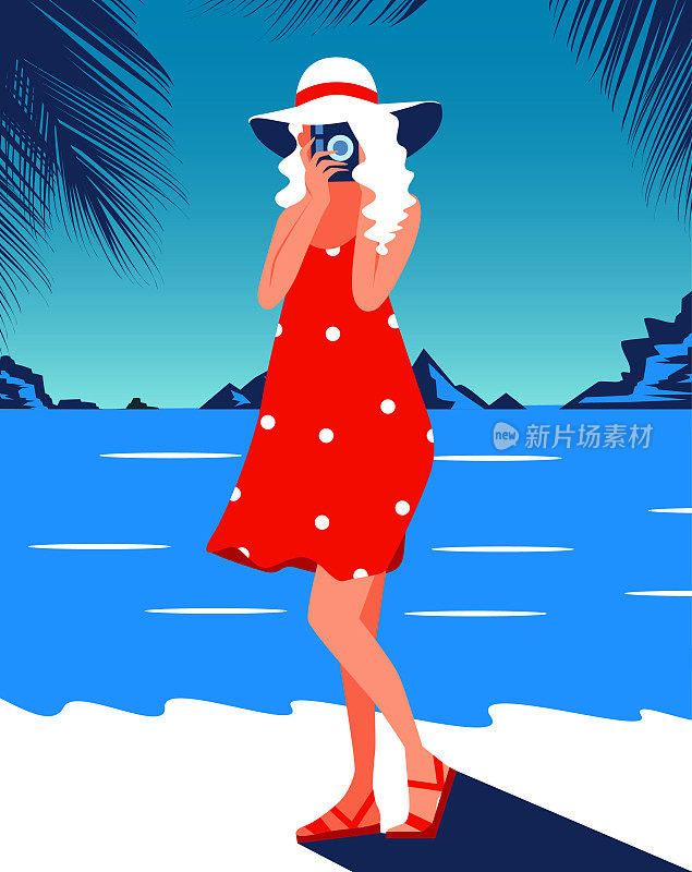 矢量插图蓝色调色板女孩在夏天穿着红色的裙子和帽子与相机休息在海滩度假和拍摄自然和棕榈树
