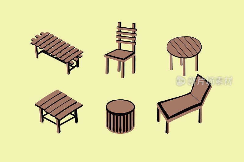花园家具和阳光躺椅设计矢量插图