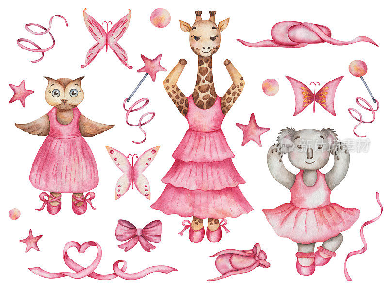手绘水彩画灰色考拉熊，棕色长颈鹿和猫头鹰鸟。舞蹈教室里的女孩们穿着粉红色的裙子，芭蕾舞鞋。卡通动物角色。孤立的剪贴画打印，卡片