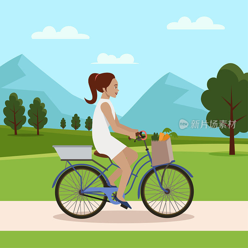 女子骑自行车，健身运动锻炼。森林公园里骑自行车的人