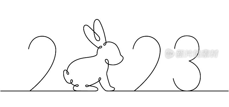 兔子一条线连续绘图。2023年兔年。有一行插图。中国农历2023年。矢量插图。