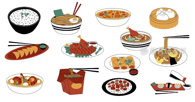 辛辣食物。东部涂鸦亚洲、中国、日本和韩国的传统餐食，米饭、海鲜香料和酱料，寿司和汤面在碗里。向量组