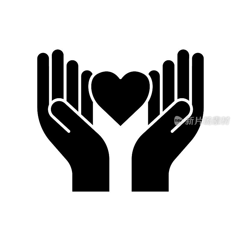 手图标与心。与慈善、亲情、爱有关的图标。字形图标样式，固体。简单的设计可编辑